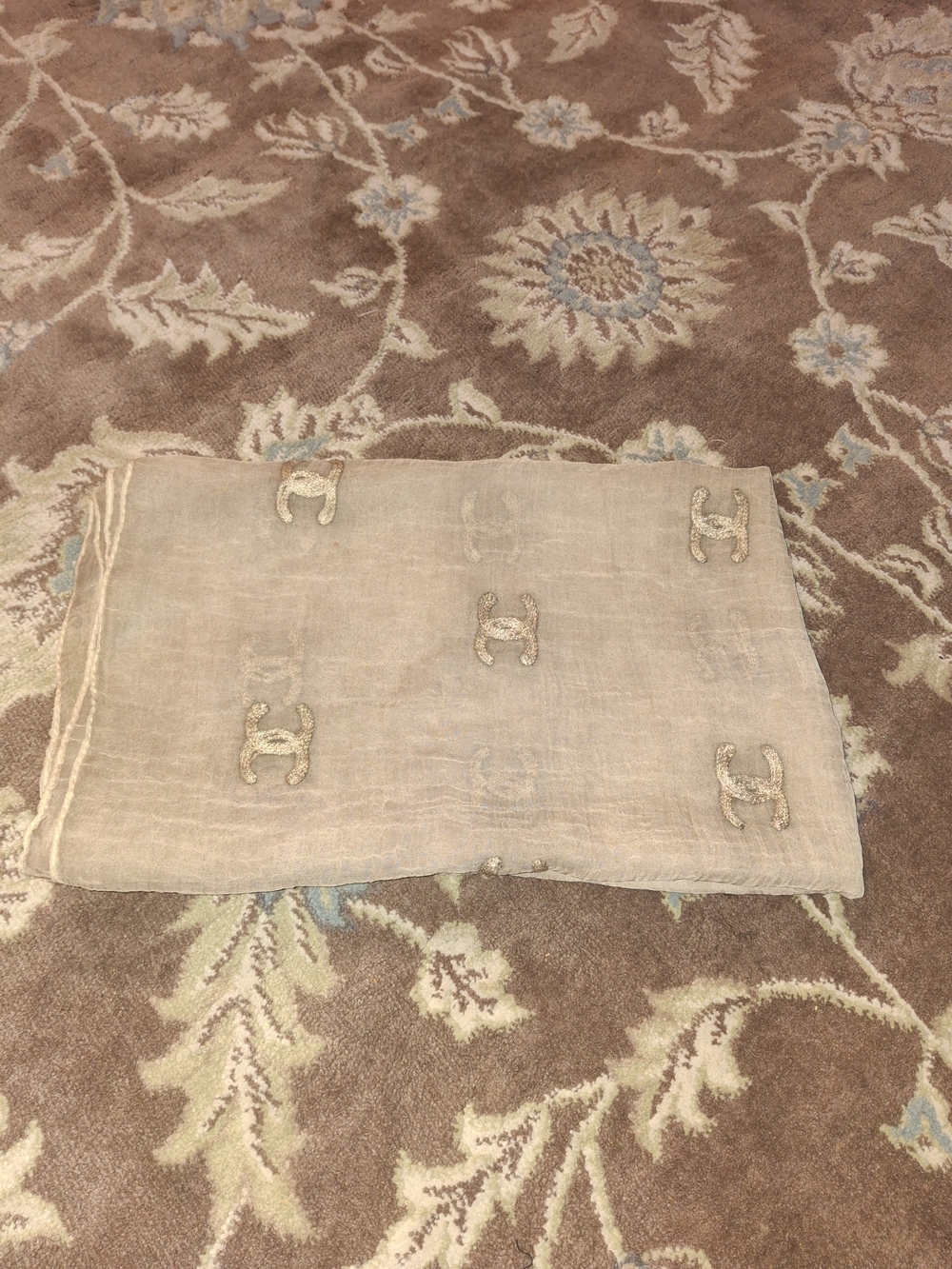 Brand New Gold Tan Organza Gauze Scarf with Chanel CC Logo Accent